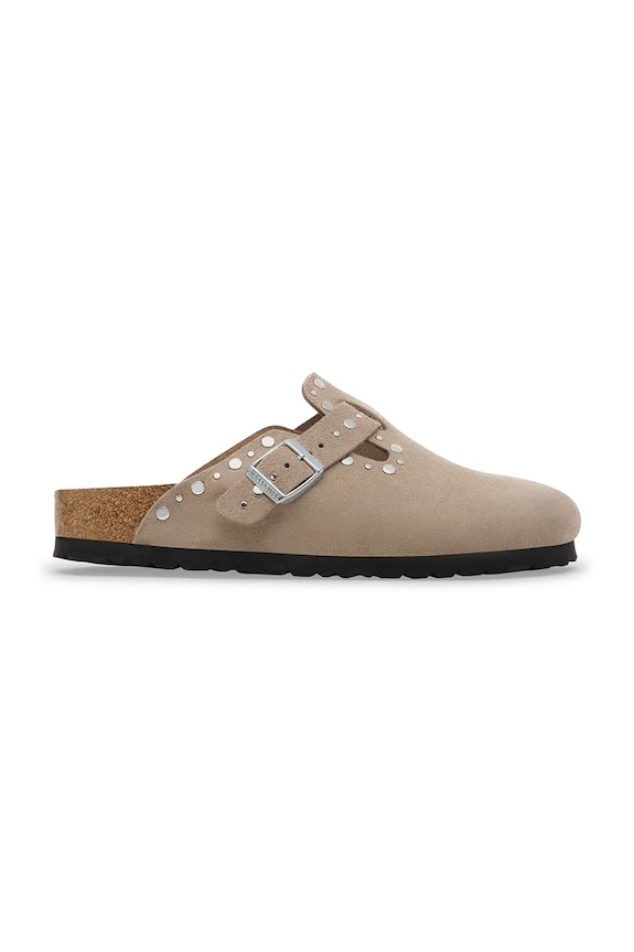 Birkenstock ciabatte slide in camoscio Boston Rivet mules beige 1030418