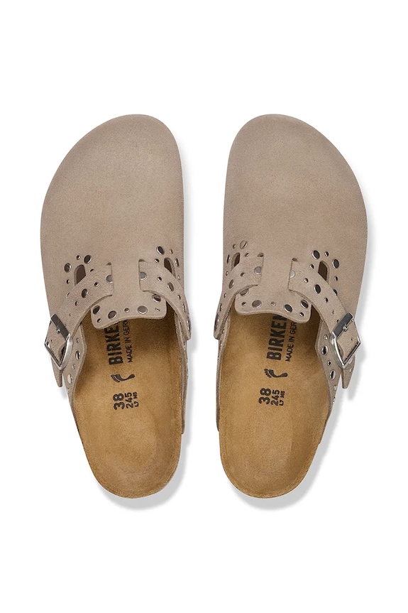 Birkenstock ciabatte slide in camoscio Boston Rivet beige 1030418