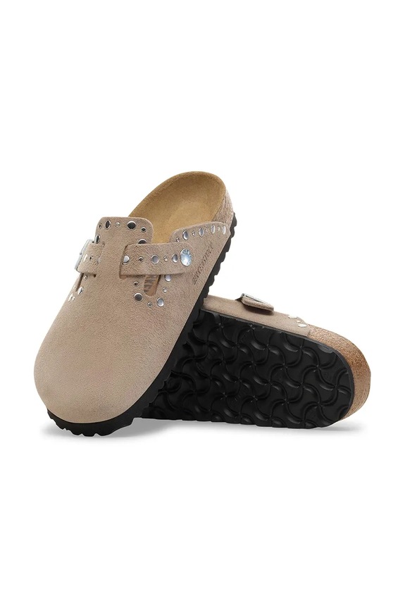 Birkenstock ciabatte slide in camoscio Boston Rivet 1030418 beige