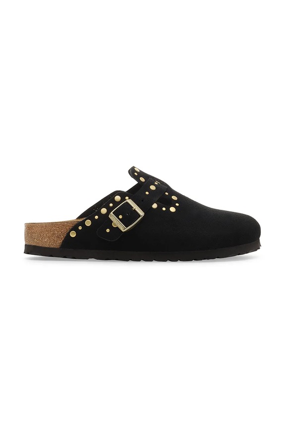 Birkenstock klapki zamszowe Boston Rivet płaski czarny 1030491