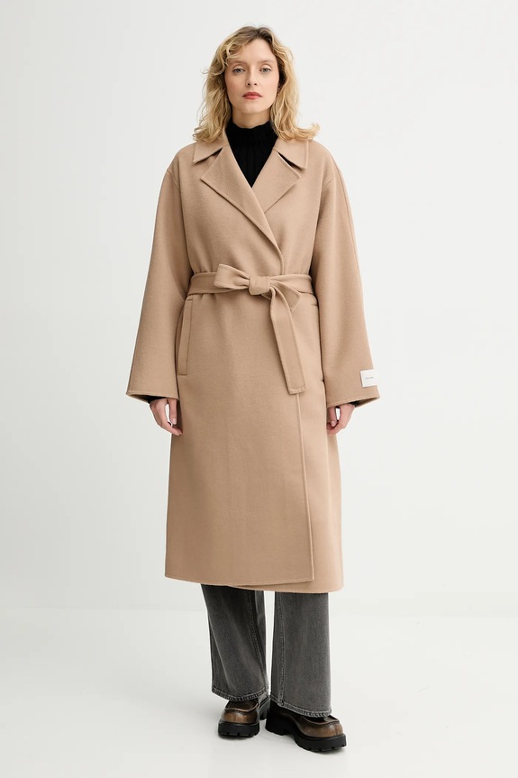 Calvin Klein płaszcz z dodatkiem wełny bez kaptura beżowy LV040WL571