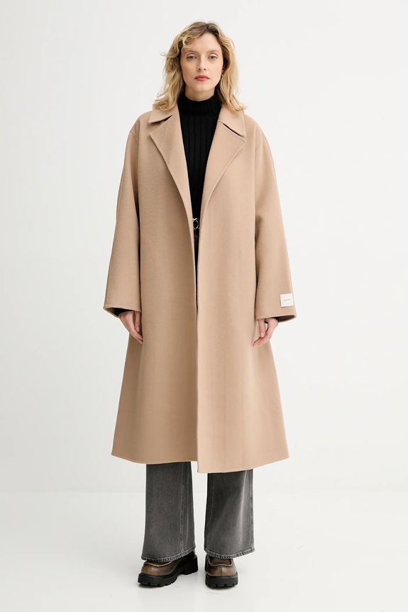 Calvin Klein płaszcz z dodatkiem wełny LV040WL571 beżowy AW25