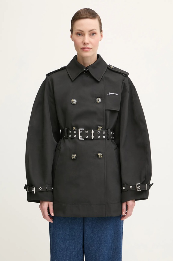 GANNI trencz Heavy Twill Midi Trench bez kaptura czarny W0893
