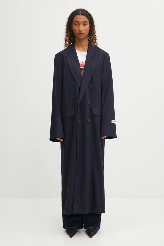 Vuneni kaput Fiorucci Light Wool Maxi dvoredni mornarsko plava W02FPOCO382WO01BL05