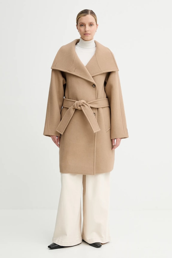 Calvin Klein płaszcz z wełną bez kaptura beżowy LV044D557G