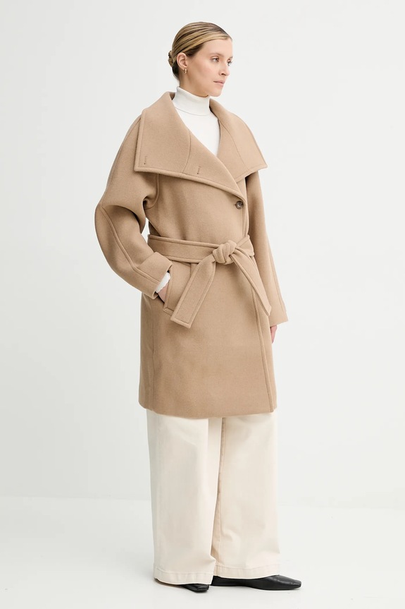 Calvin Klein płaszcz z wełną LV044D557G beżowy AW25