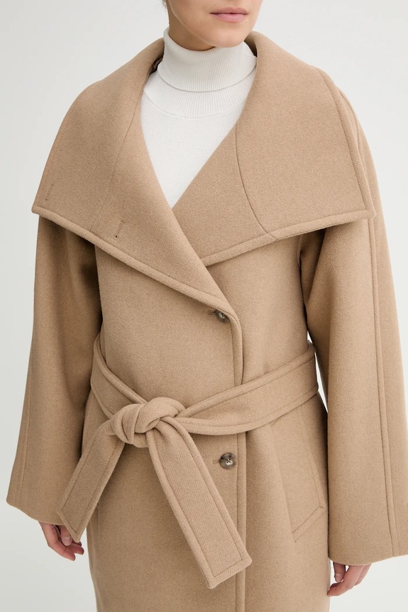 Calvin Klein płaszcz z wełną LV044D557G beżowy