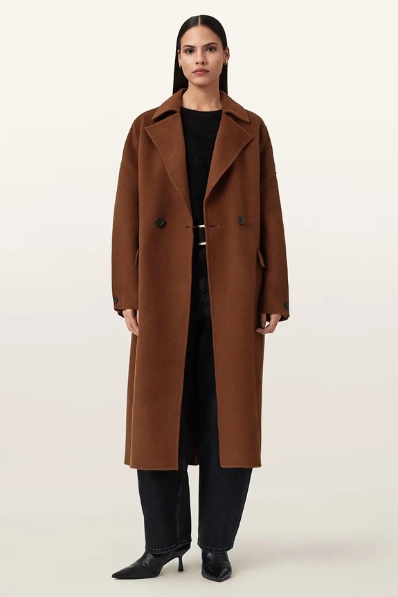 AllSaints płaszcz z dodatkiem wełny SELLMA bez kaptura bordowy W019OD