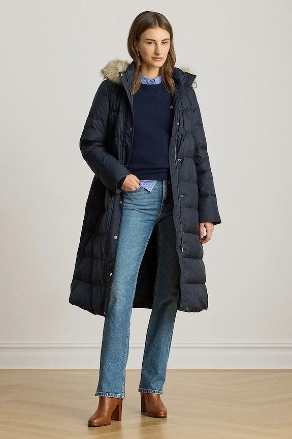 Páperová bunda Lauren Ralph Lauren jemné zateplenie tmavomodrá 297P04097