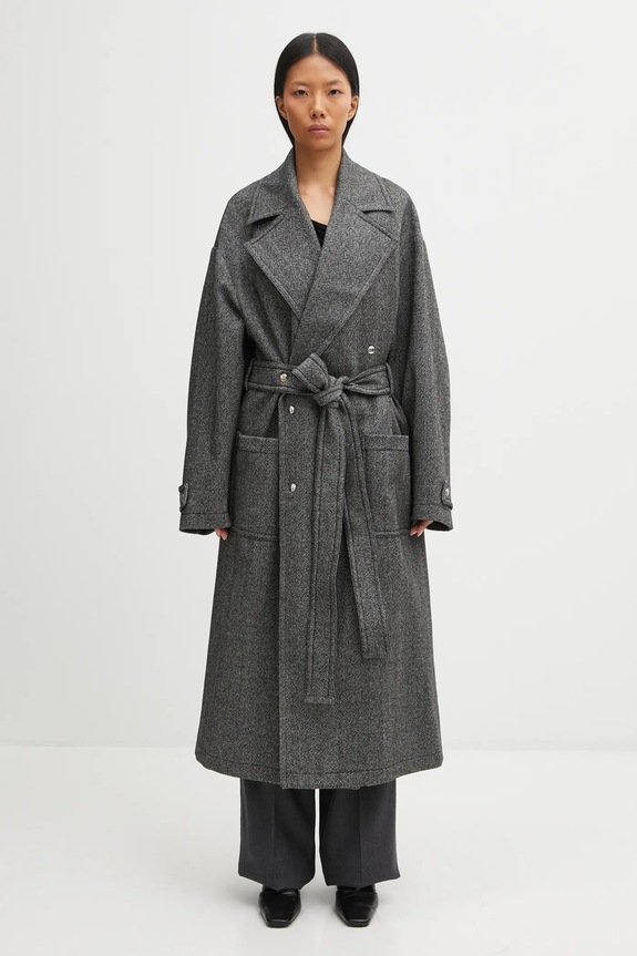 Kabát s prímesou vlny Fiorucci Herringbone Maxi dvojradové čierna W25FWOCO001PL01GY01