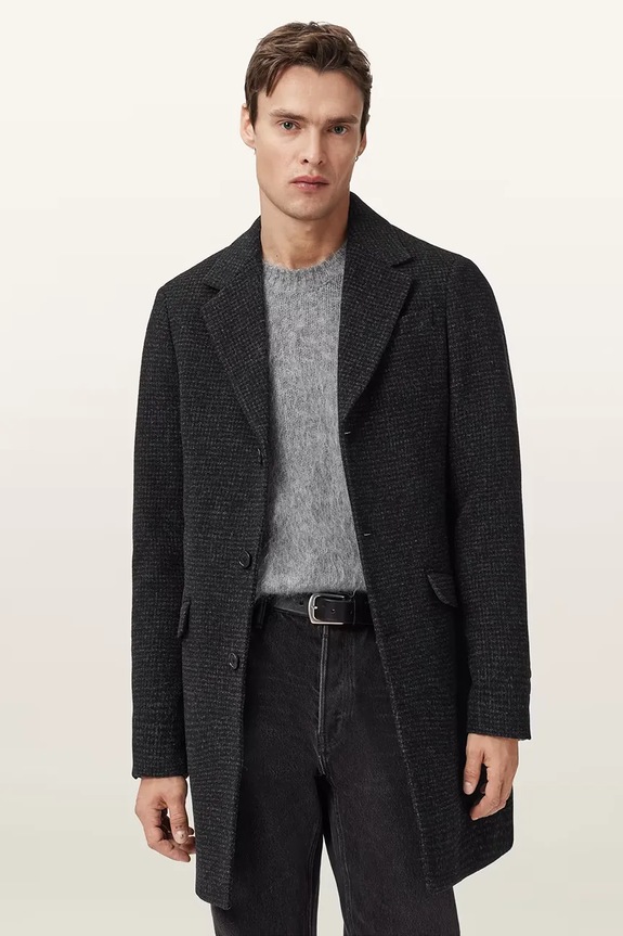 AllSaints płaszcz z dodatkiem wełny CASPIAN bez kaptura czarny M023OD