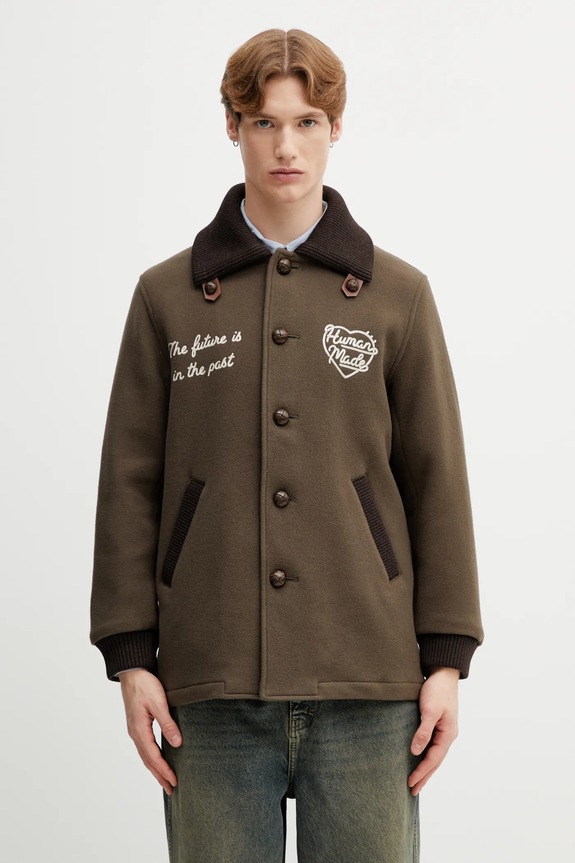 Human Made płaszcz z dodatkiem wełny WOVEN COAT nieocieplane zielony HM30JK029
