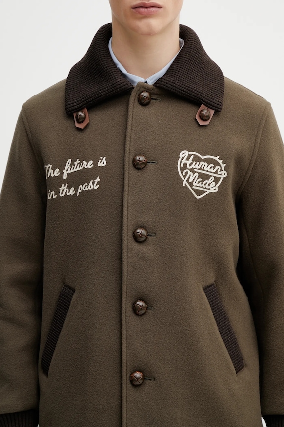 Human Made płaszcz z dodatkiem wełny WOVEN COAT zielony HM30JK029