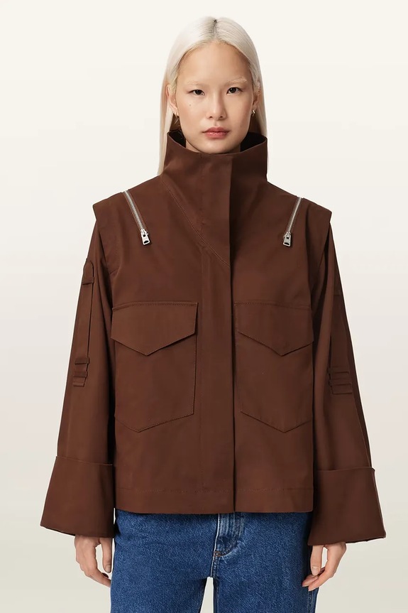 AllSaints kurtka damska z bawełną LEIGHTON brązowy W039OC