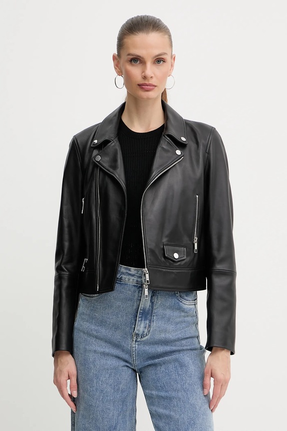 Usnjena biker jakna BOSS Sayuri S podlogo črna 50548471
