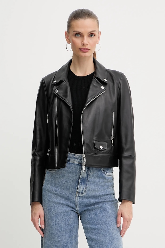 Usnjena biker jakna BOSS Sayuri S podlogo črna 50548471