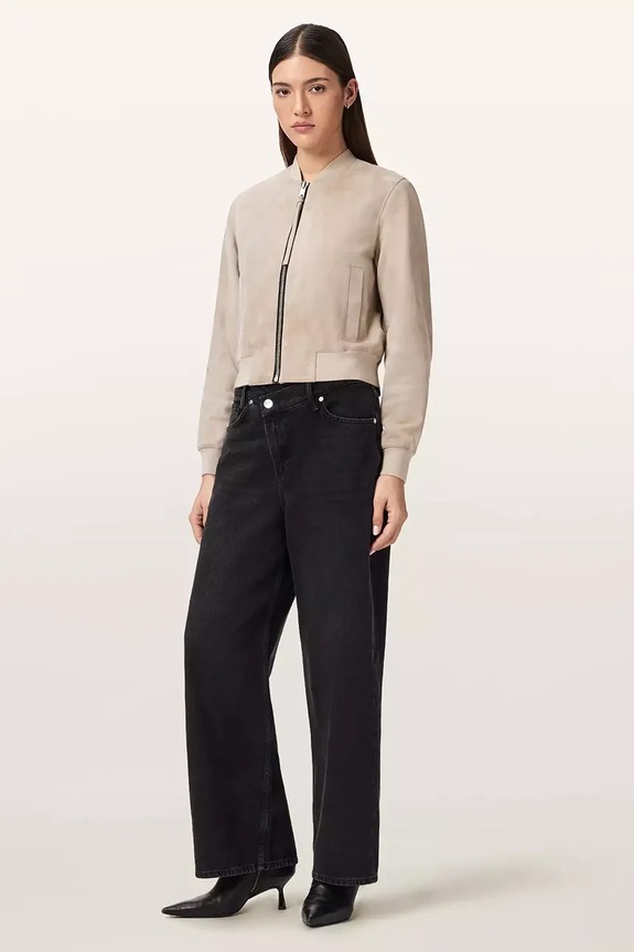Ρούχα AllSaints bomber γυναικείο δερμάτινο σουέτ ORTEN W041LD μπεζ