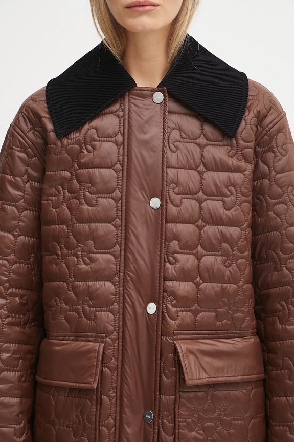 GANNI kurtka Shiny Quilt Midi brązowy W0397
