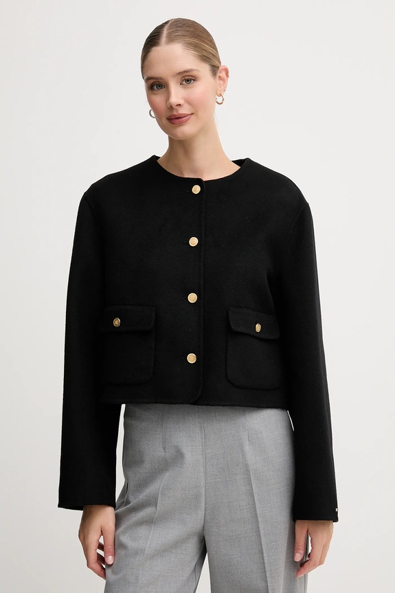 Tommy Hilfiger gyapjú kabát nem bélelt fekete WW0WW47446