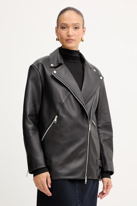 Kožená bunda BOSS Sarica oversize čierna 50547474