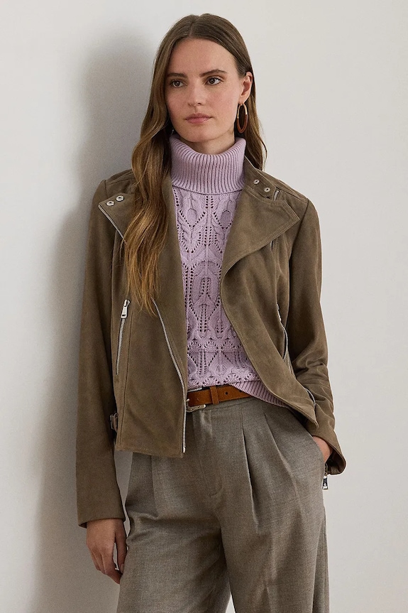 Lauren Ralph Lauren kurtka biker skórzana bez kaptura brązowy 200951236