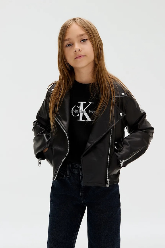 Otroška biker jakna Calvin Klein Jeans Imitacija zrnatega usnja črna IG0IG02982.9BYA