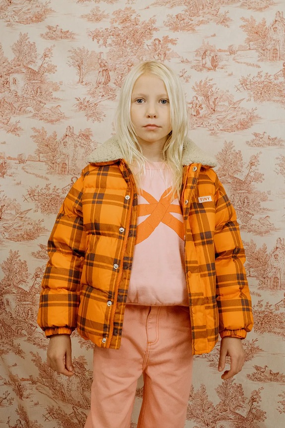 Tinycottons kurtka dziecięca CHECK PADDED JACKET bez kaptura pomarańczowy AW25.145