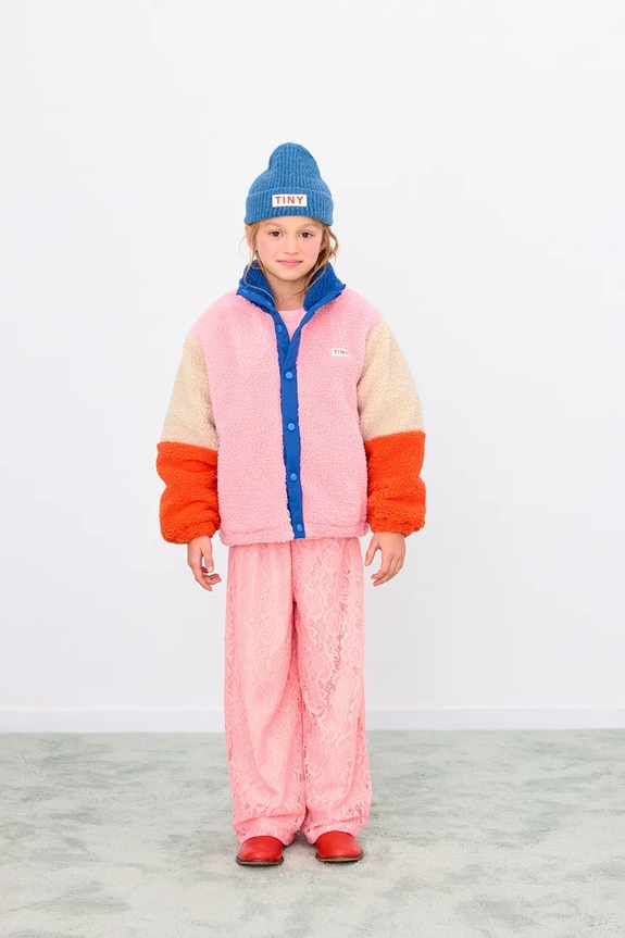 Tinycottons kurtka dziecięca COLOR BLOCK POLAR SHERPA JACKET bez kaptura granatowy AW25.360