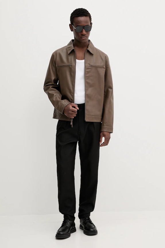 Kožená bunda Calvin Klein LV04LB901G hnědá AW25