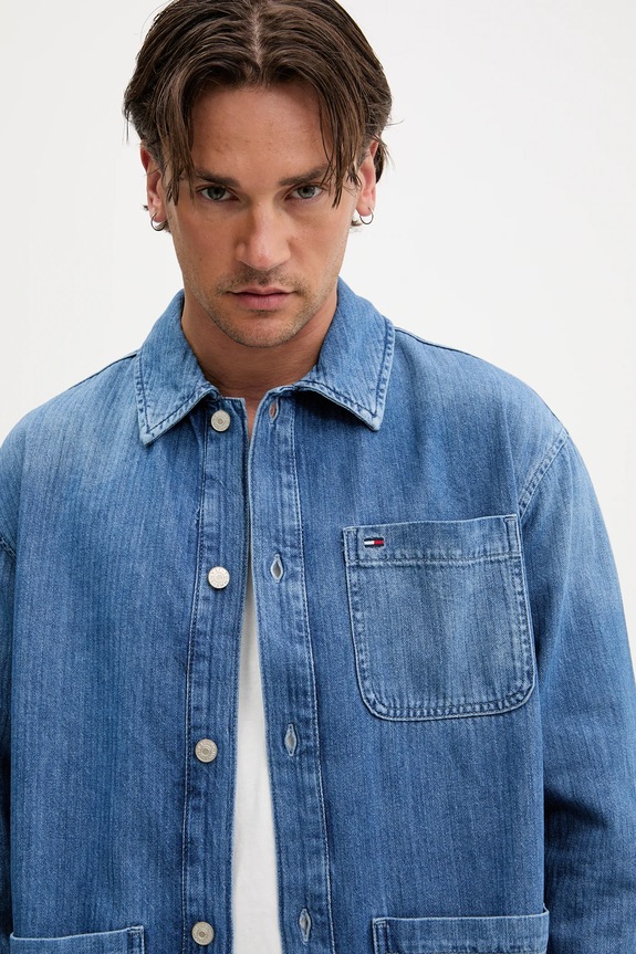Tommy Jeans geacă cu aspect de cămașă albastru DM0DM21241