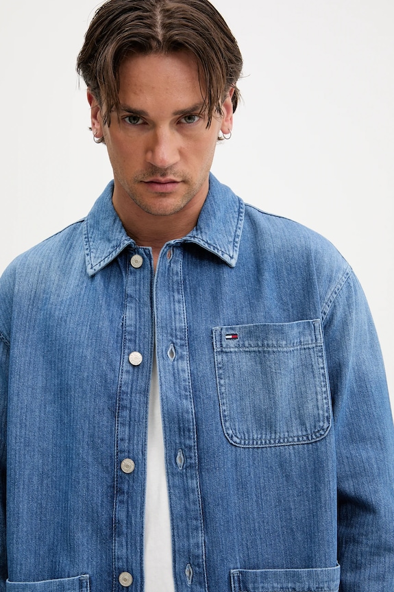 Tommy Jeans geacă cu aspect de cămașă albastru DM0DM21241
