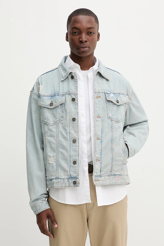 Τζιν μπουφάν Guess Jeans χωρίς κουκούλα μπλε M5YN38.D5M5A