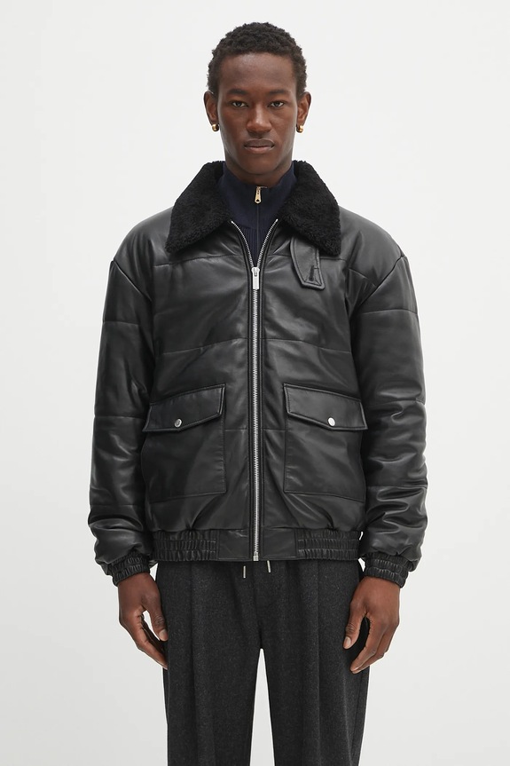 Drôle de Monsieur leather jacket Le Blouson Cuir with lining black PERM.CT109.LH001