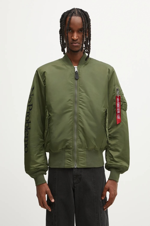 Oboustranná bomber bunda No Problemo x Alpha Industries No War MA-1 přechodné zelená NP7113504