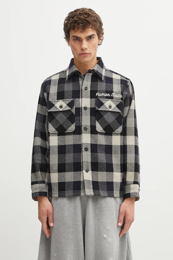 Human Made kurtka koszulowa z domieszką wełny WOOL CHECK nieocieplane granatowy HM30SH013