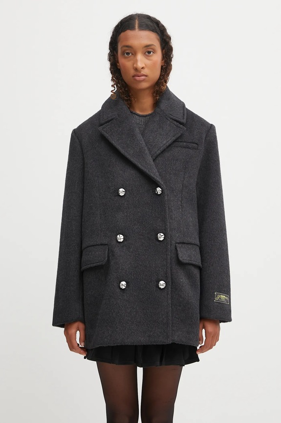 GANNI płaszcz z dodatkiem wełny Double Faced Wool Doublebreasted Blazer nieocieplane szary W0567