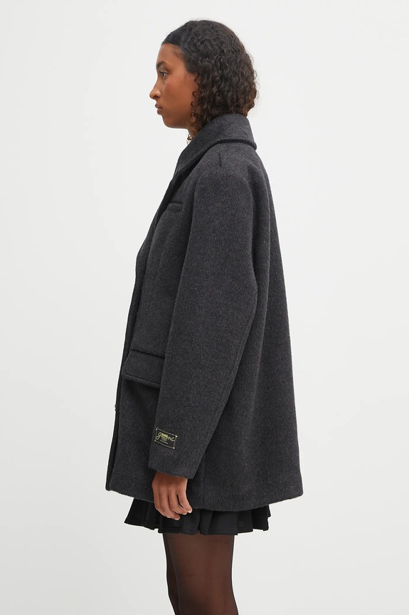 GANNI płaszcz z dodatkiem wełny Double Faced Wool Doublebreasted Blazer W0567 szary AW25