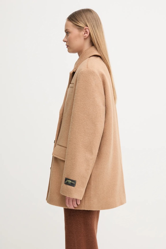 GANNI płaszcz z dodatkiem wełny Double Faced Wool Doublebreatsed Blazer W0876 brązowy AW25