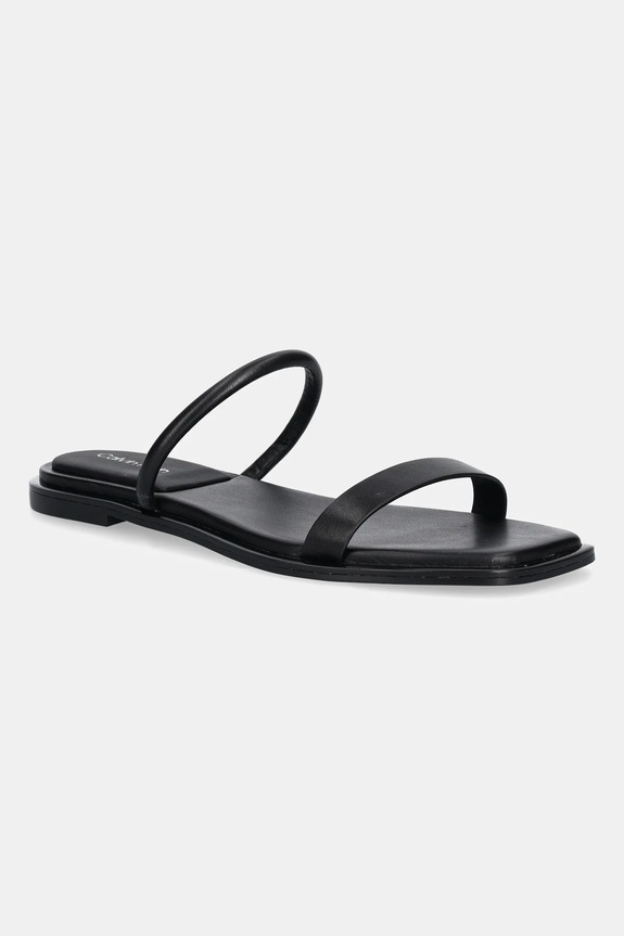 Δερμάτινες παντόφλες Calvin Klein FLAT SANDAL SQUARED 2-BAR LTH φλατ μαύρο HW0HW02532