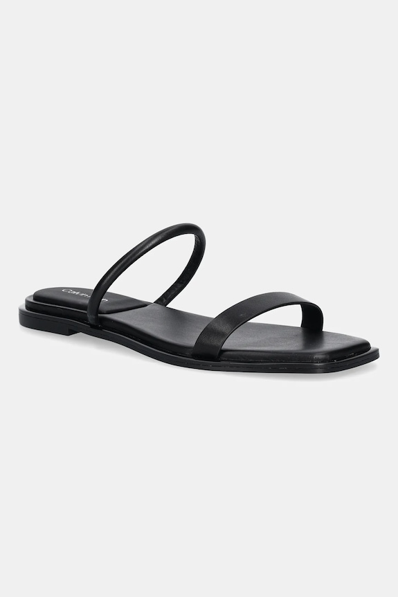 Δερμάτινες παντόφλες Calvin Klein FLAT SANDAL SQUARED 2-BAR LTH φλατ μαύρο HW0HW02532