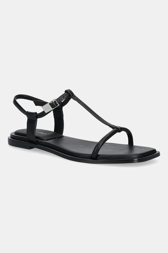 Calvin Klein sandały skórzane FLAT SANDAL SQUARED BUCKLE LTH płaski czarny HW0HW02556