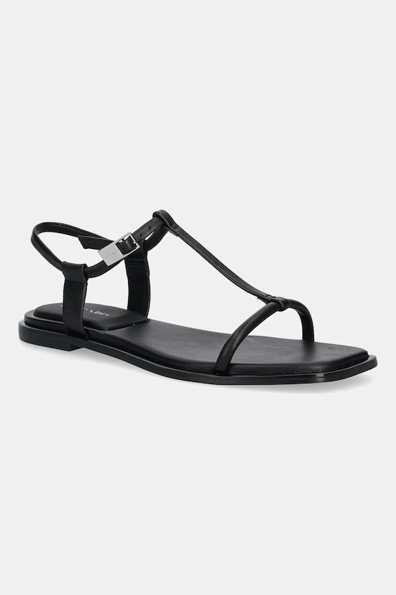 Calvin Klein sandały skórzane FLAT SANDAL SQUARED BUCKLE LTH płaski czarny HW0HW02556