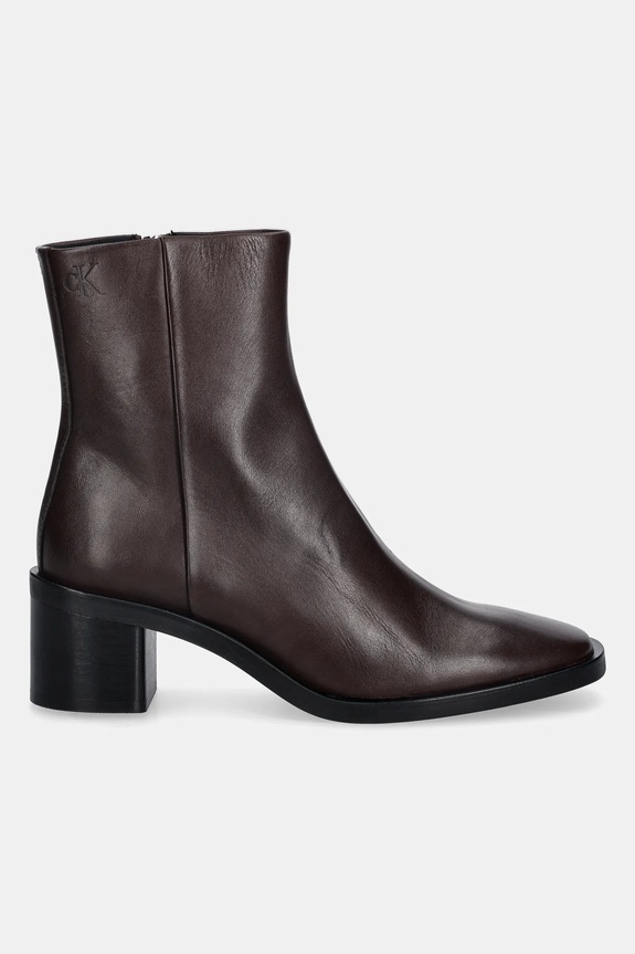 Calvin Klein cizme de piele BLOCK HEEL ZIP BOOT LTH HW0HW02593 maro NC25