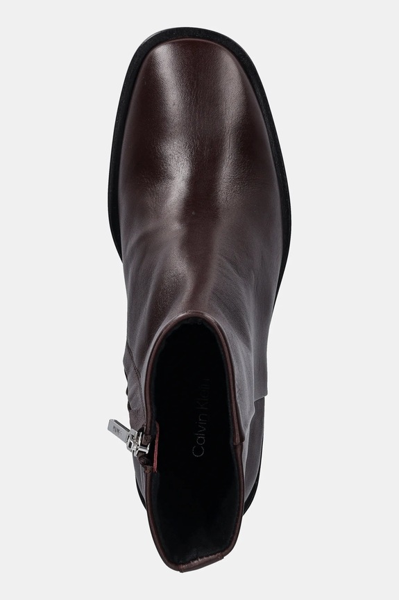 Calvin Klein cizme de piele BLOCK HEEL ZIP BOOT LTH maro HW0HW02593