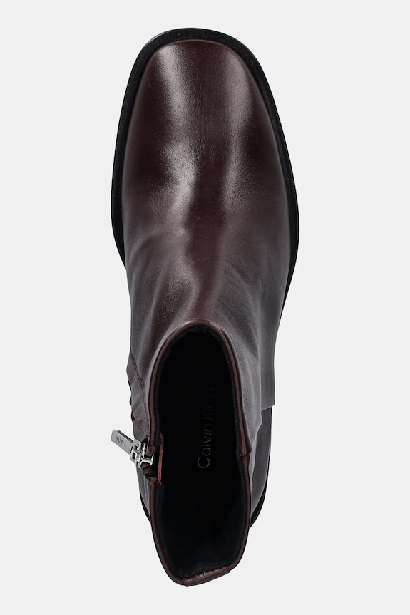 Calvin Klein cizme de piele BLOCK HEEL ZIP BOOT LTH maro HW0HW02593