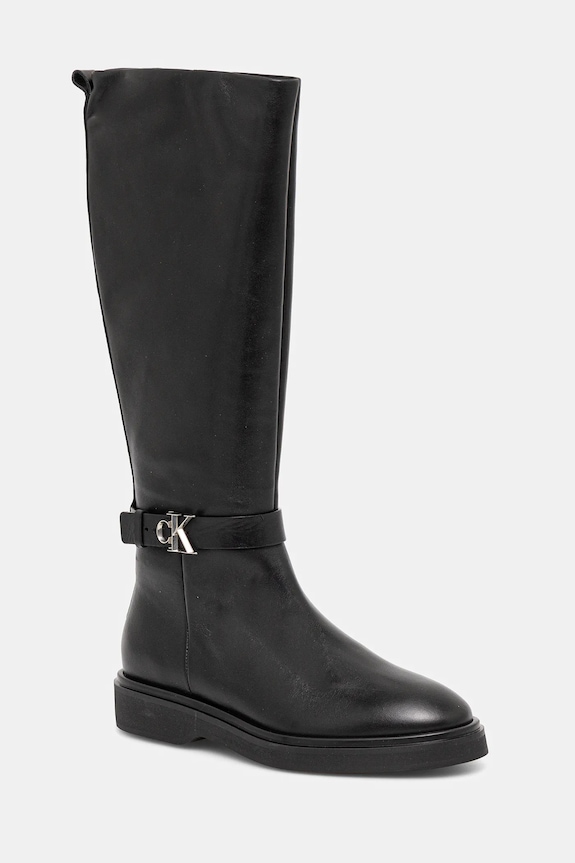 Calvin Klein bőr csizma KNEE BOOT W/ METAL LOGO nem szigetelt fekete HW0HW02665