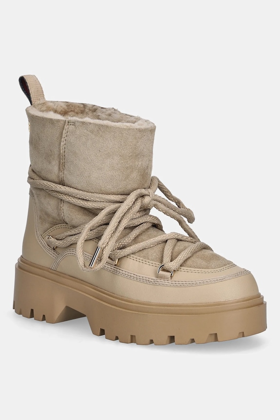 Μπότες χιονιού Tommy Hilfiger REAL SHEARLING LACEUP δέρμα σαμουά μπεζ FW0FW08996