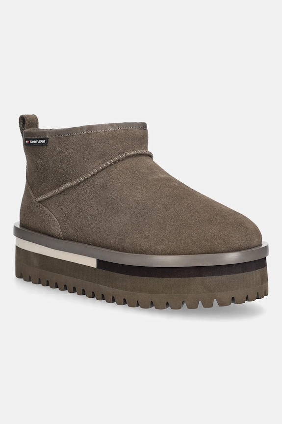 Μπότες χιονιού σουέτ Tommy Jeans TJW FLATFORM SNOW BOOT SUEDE χωρίς φερμουάρ πράσινο EN0EN02841