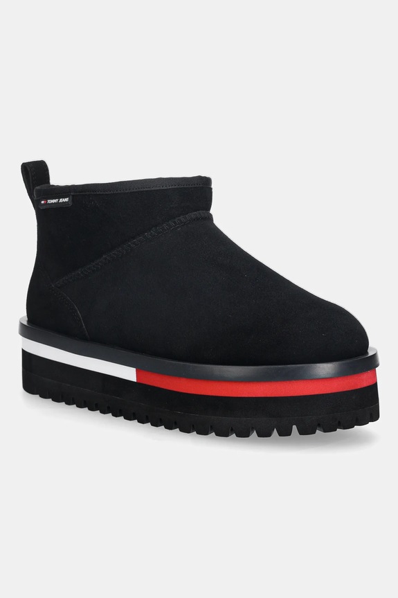 Μπότες χιονιού σουέτ Tommy Jeans TJW FLATFORM SNOW BOOT SUEDE χωρίς φερμουάρ μαύρο EN0EN02841