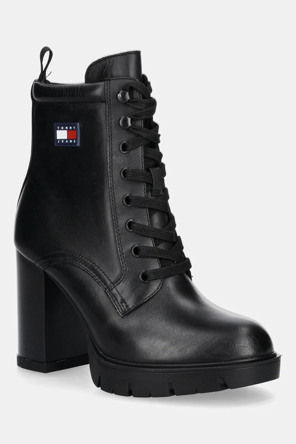 Tommy Jeans cizme de piele TJW HEEL LACE UP BOOT peste 8 cm negru EN0EN02832